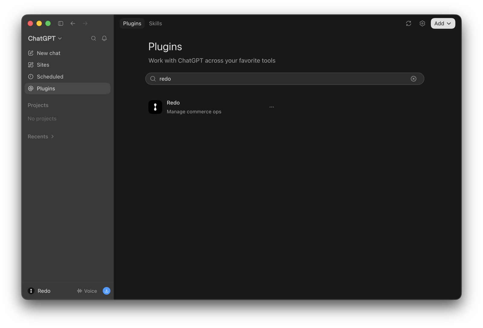 ChatGPT's Plugins page with Redo found in search