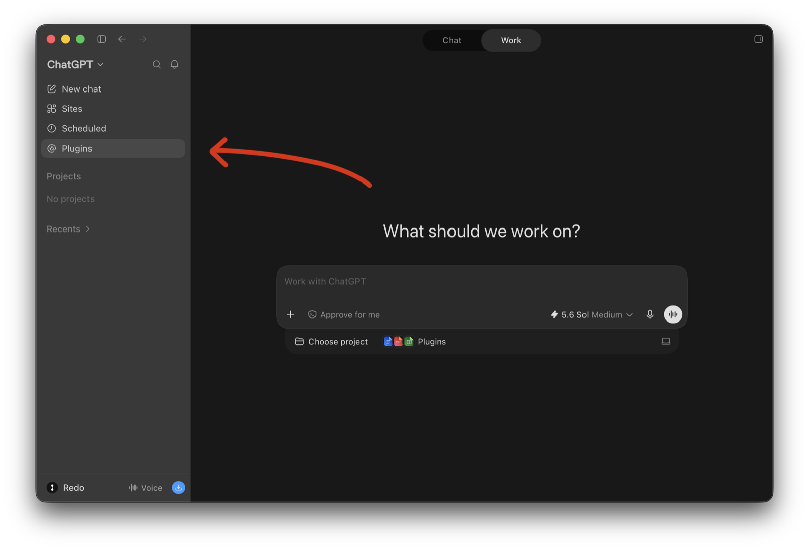 ChatGPT's home screen, with an arrow pointing at Plugins in the sidebar