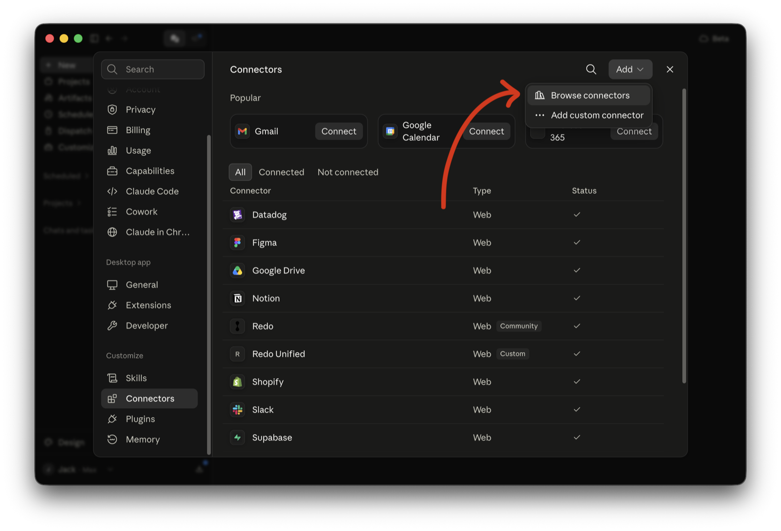 Claude's Connectors settings with the Add menu open and an arrow at Browse connectors