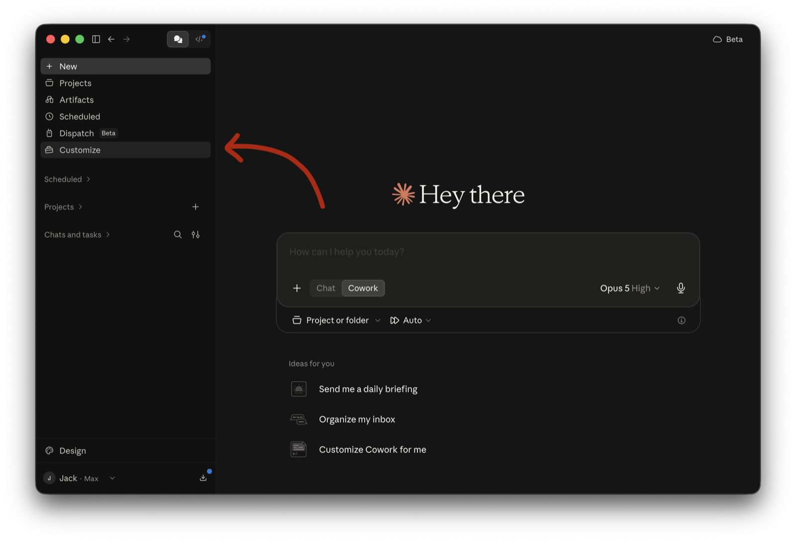 Claude's home screen, with an arrow pointing at Customize in the sidebar