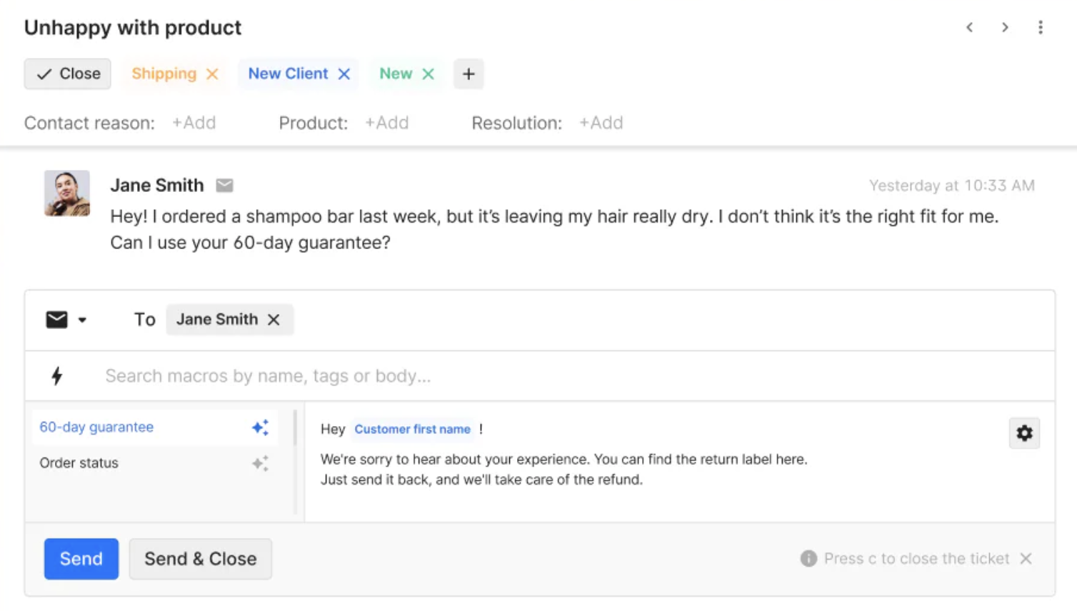 Gorgias support ticket showing customer complaint context for chargeback evidence