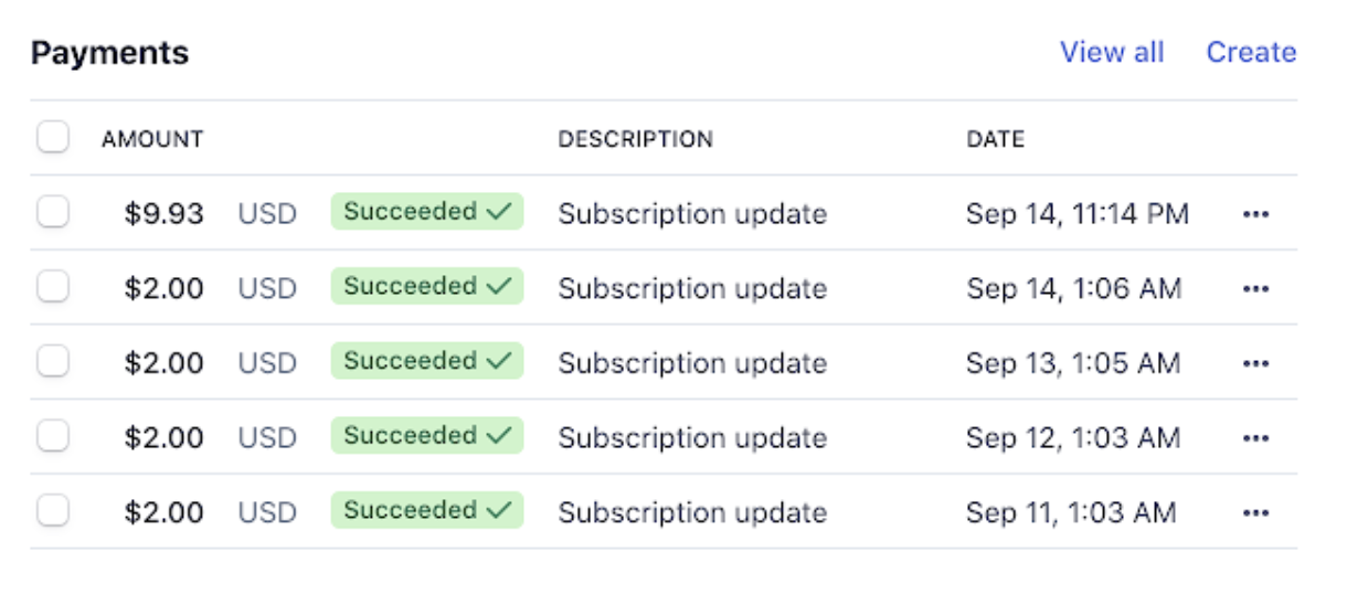 Stripe payments table showing successful customer payment records