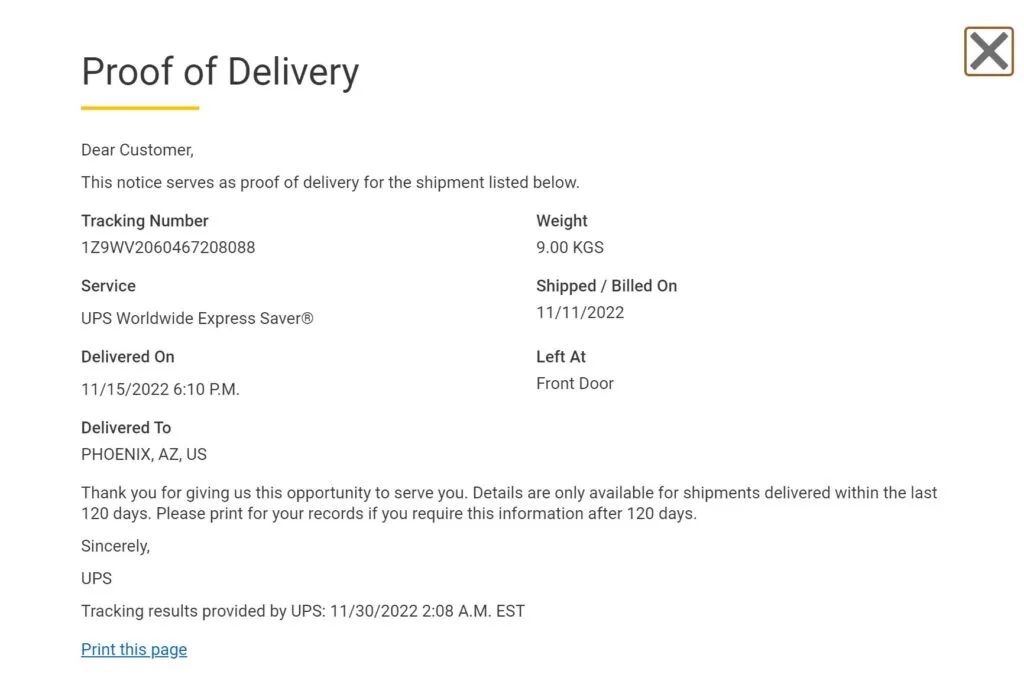 UPS proof of delivery document used to support a chargeback response