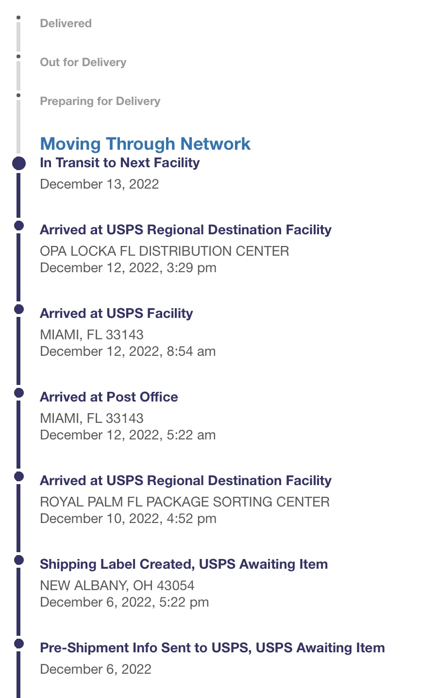 USPS tracking history showing shipment movement for dispute evidence